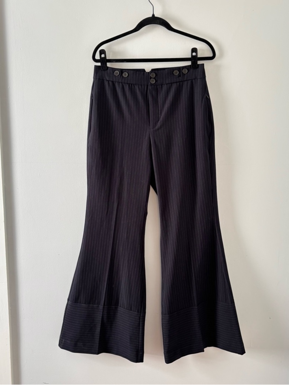 Anthropologie Pinstripe Ultra Wide Leg Trousers Flare Buttons Stripe Bottoms